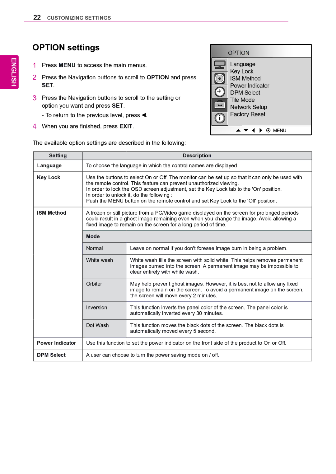 LG Electronics 47VL10 owner manual Option settings 