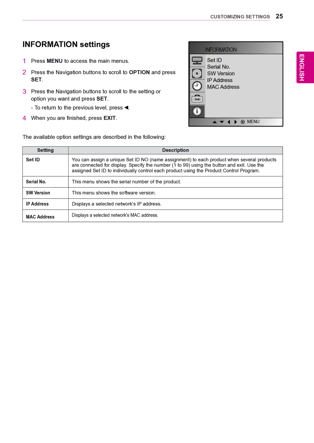 LG Electronics 47VL10 owner manual Information settings, IP Address 