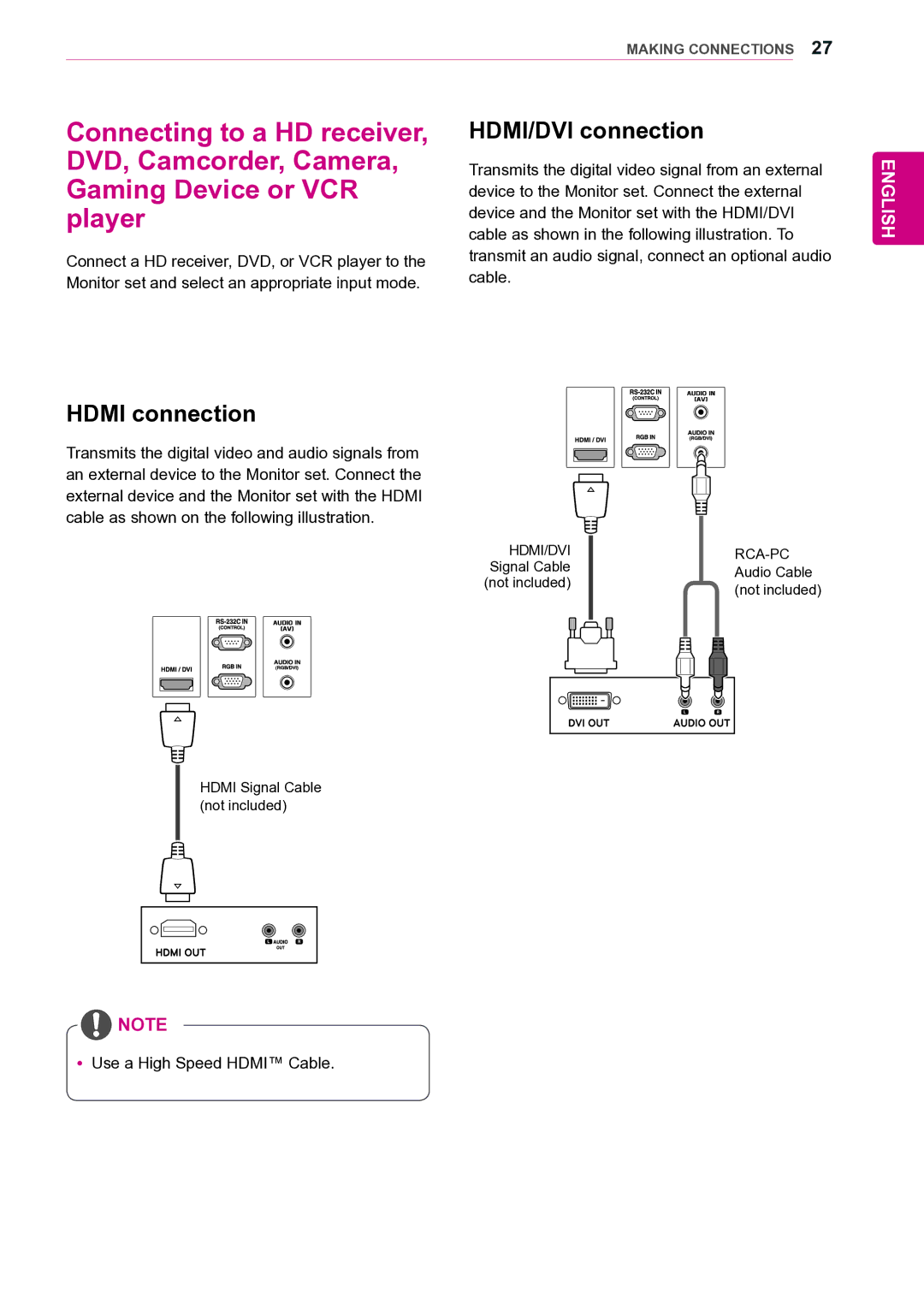 LG Electronics 47VL10 owner manual Hdmi/Dvi Rca-Pc 