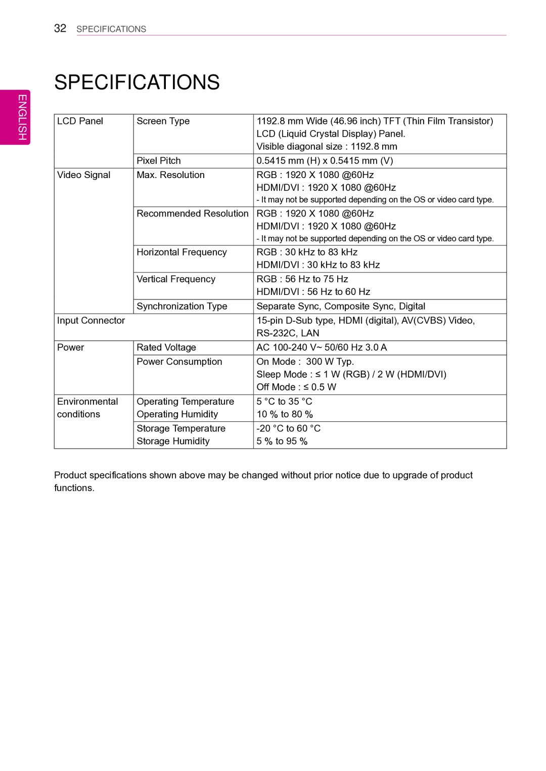 LG Electronics 47VL10 owner manual Specifications, RGB 1920 X 1080 @60Hz 