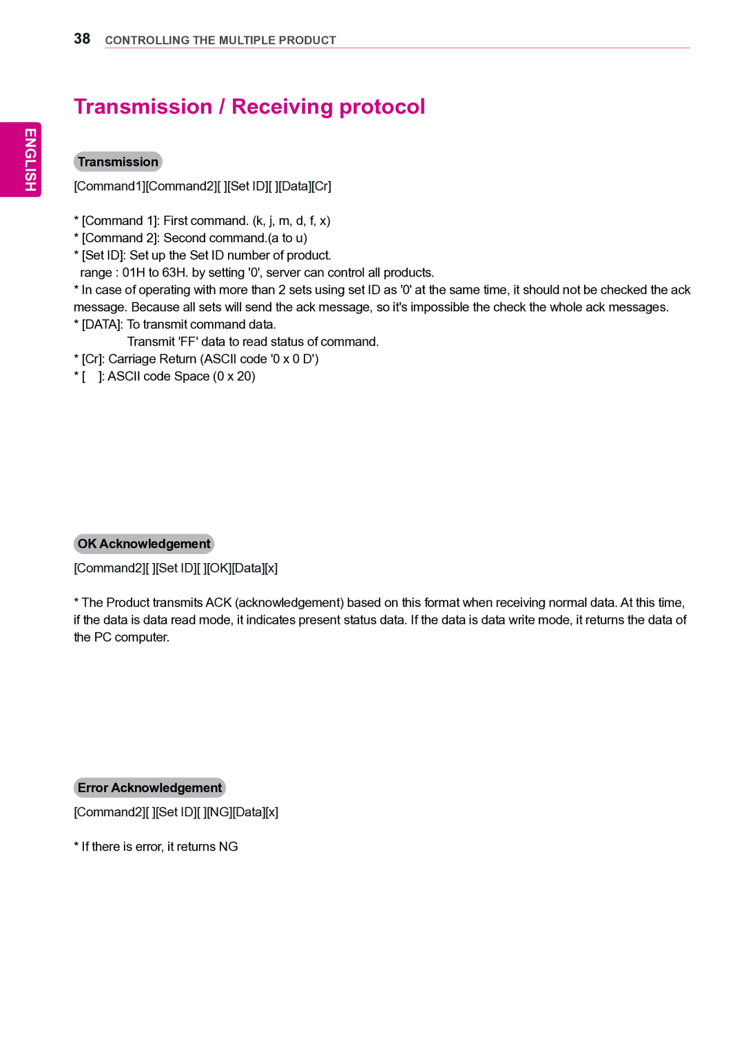 LG Electronics 47VL10 owner manual Transmission / Receiving protocol, OK Acknowledgement, Error Acknowledgement 