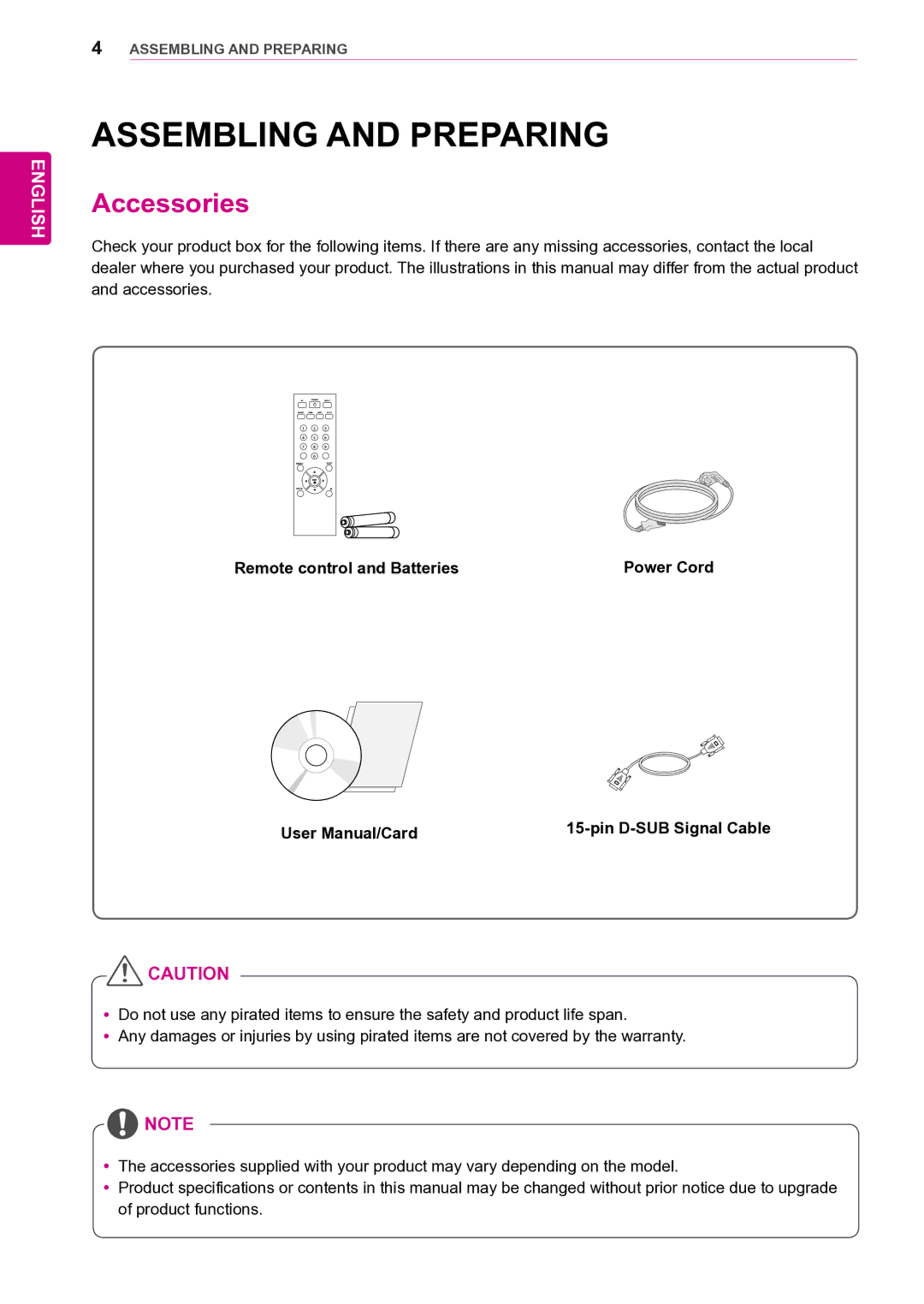 LG Electronics 47VL10 owner manual Assembling and Preparing, Accessories 