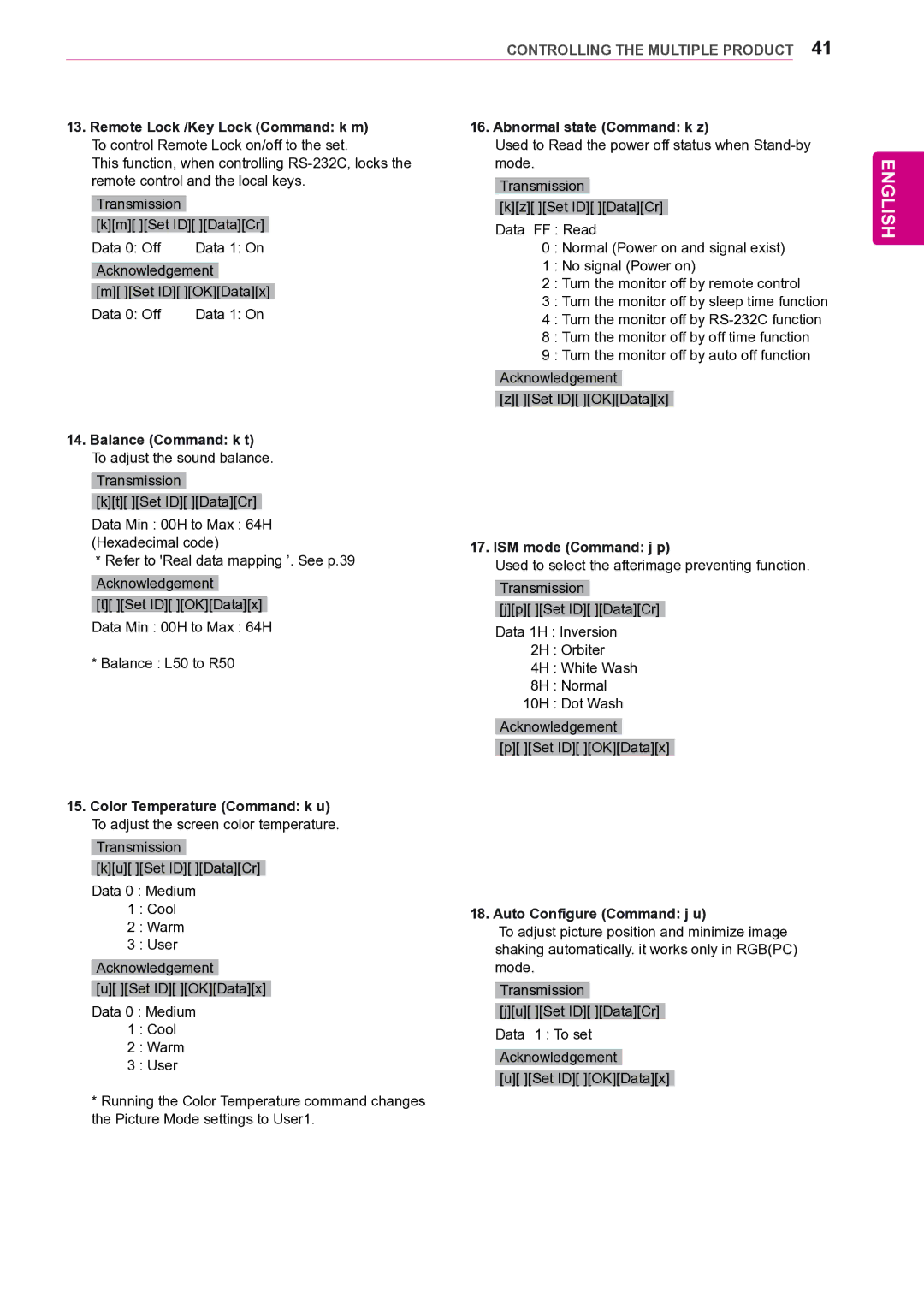 LG Electronics 47VL10 owner manual Balance Command k t, ISM mode Command j p, Auto Configure Command j u 