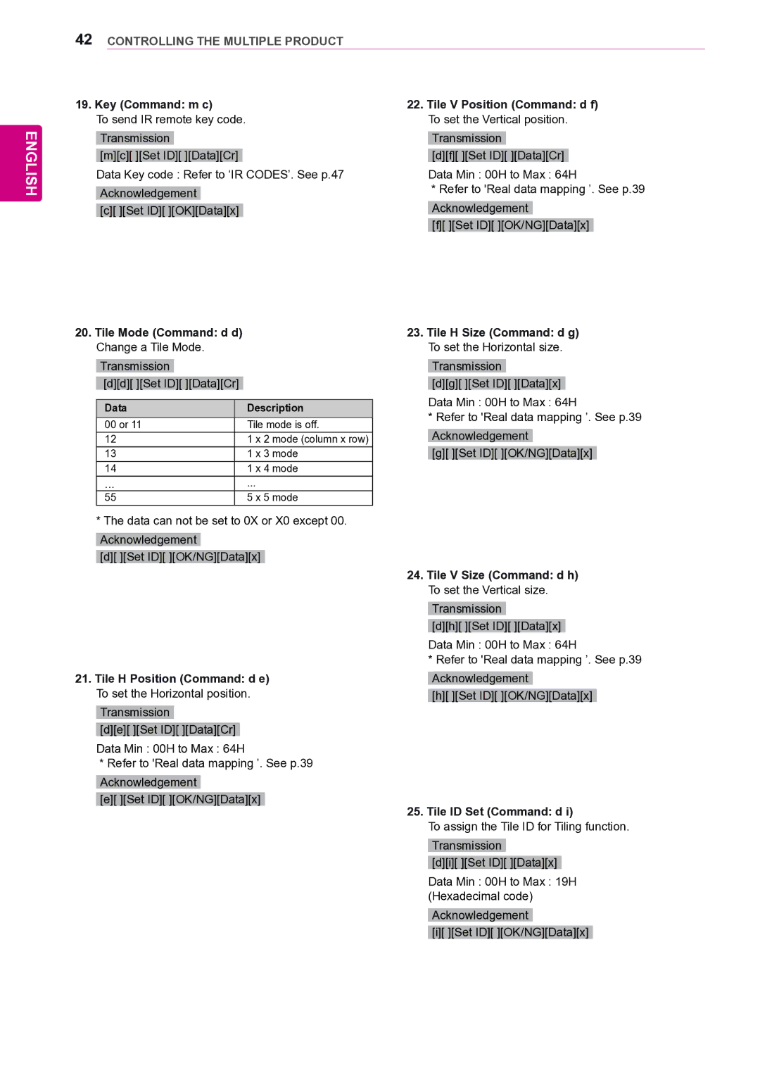 LG Electronics 47VL10 owner manual Key Command m c, Tile Mode Command d d Change a Tile Mode, Tile ID Set Command d 