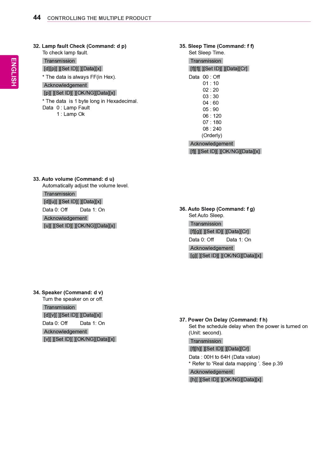 LG Electronics 47VL10 owner manual Lamp fault Check Command d p, Power On Delay Command f h 