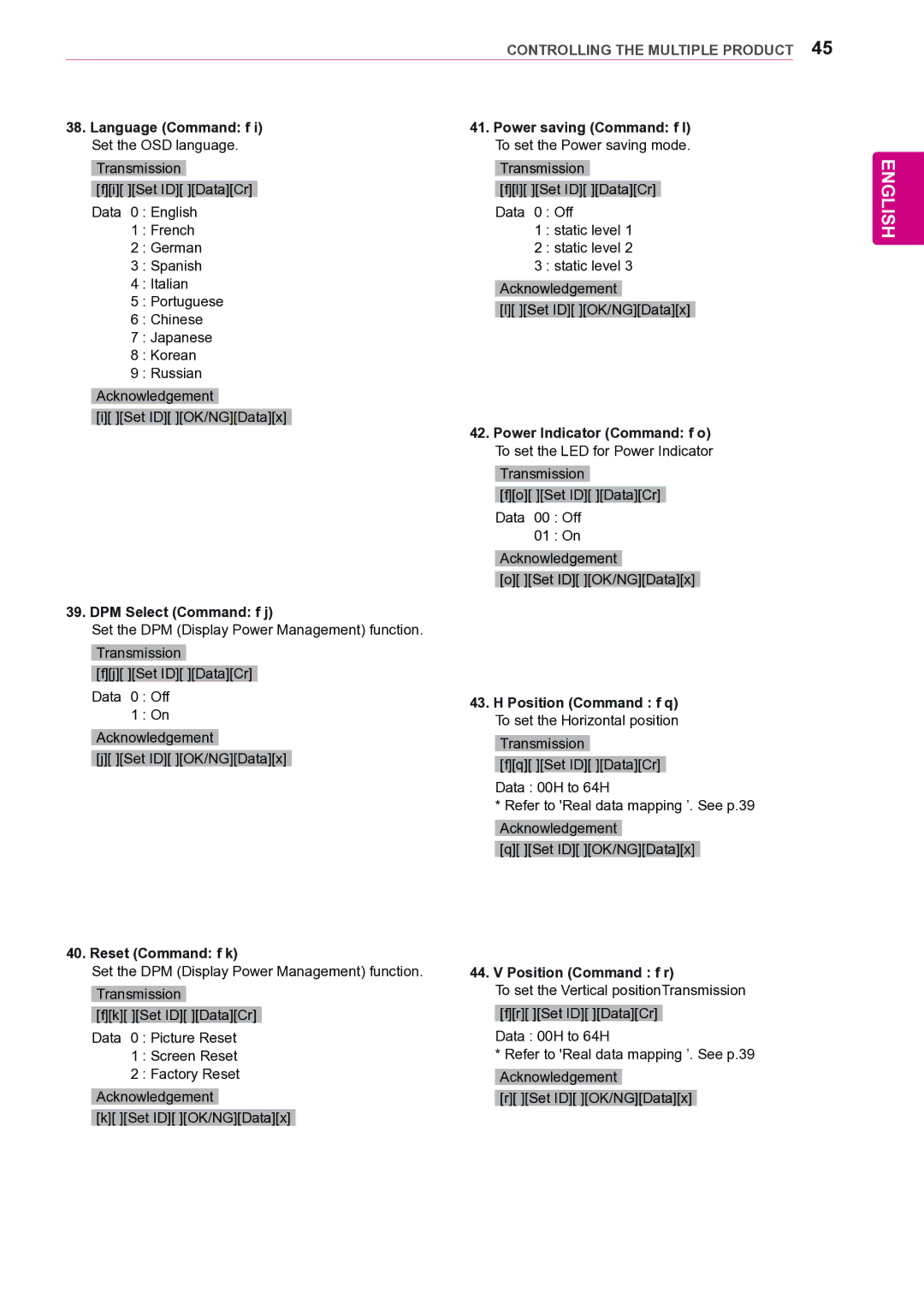 LG Electronics 47VL10 Language Command f Power saving Command f l, DPM Select Command f j, Position Command f q 