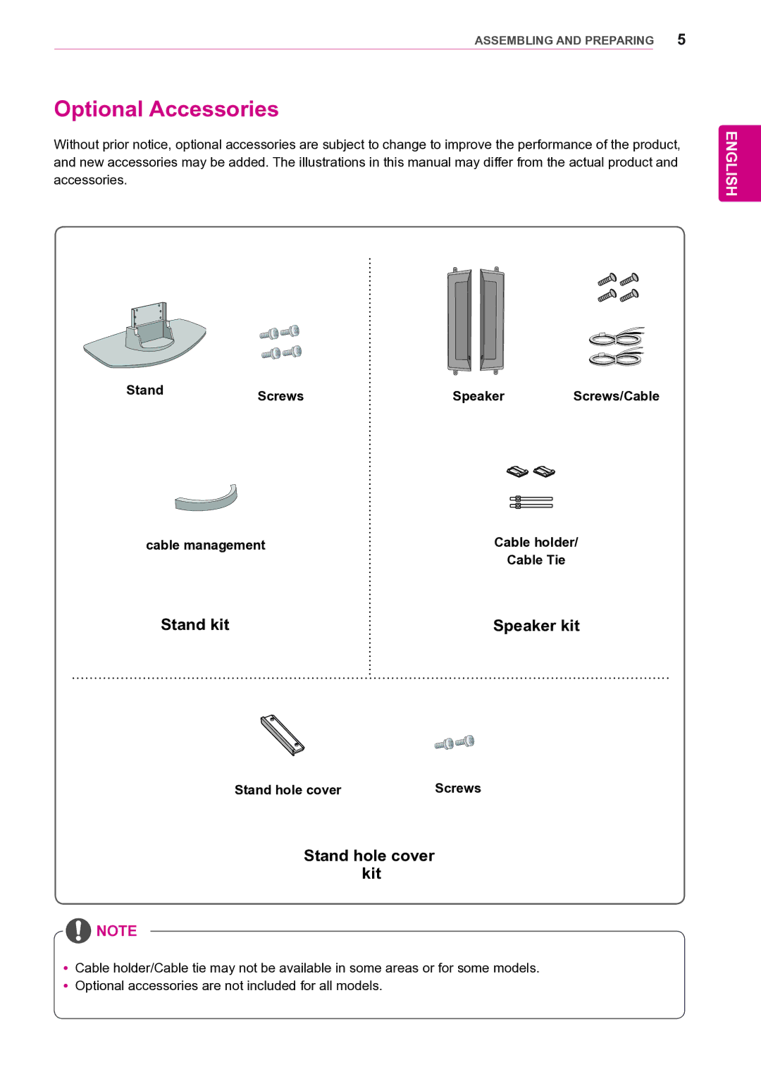 LG Electronics 47VL10 owner manual Optional Accessories, Stand Screws Speaker, Cable management Cable holder Cable Tie 