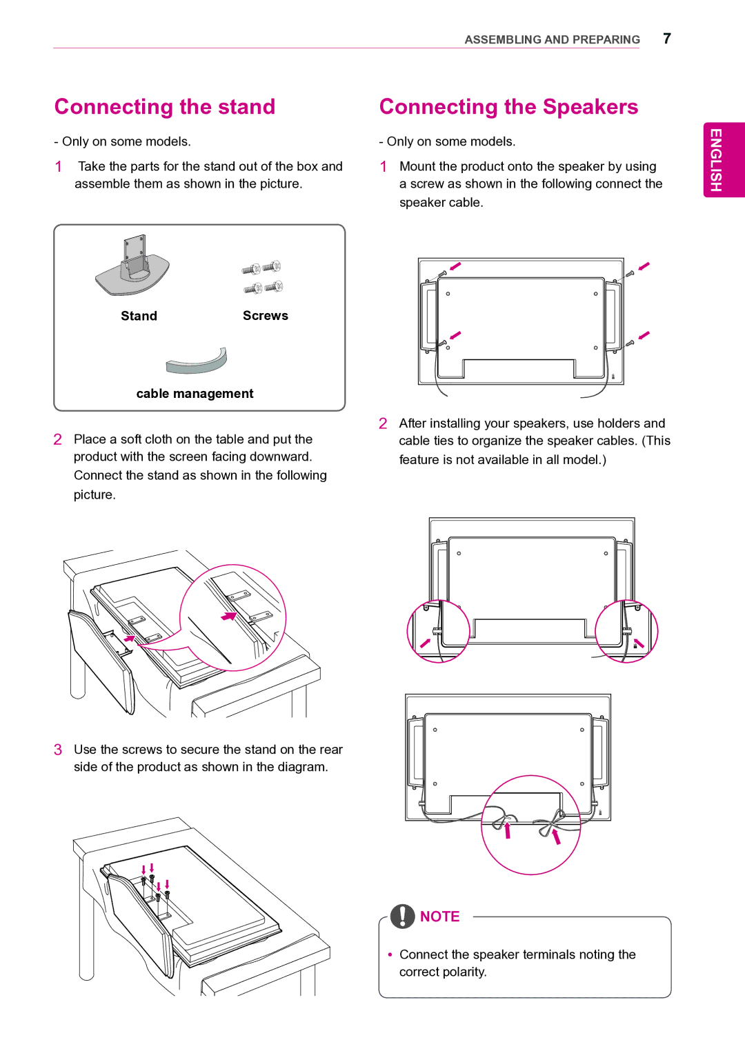 LG Electronics 47VL10 owner manual Connecting the stand Connecting the Speakers, StandScrews Cable management 