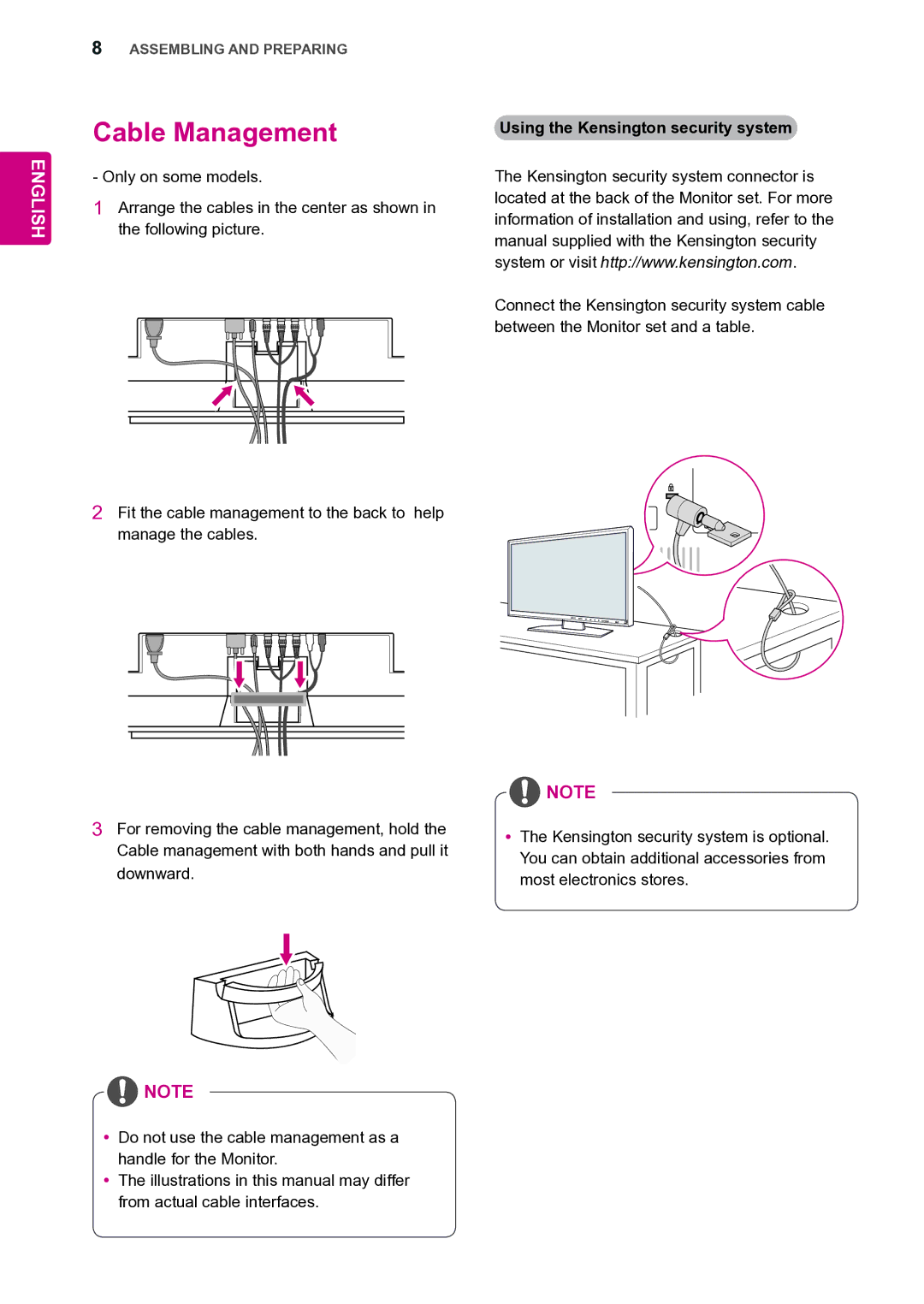 LG Electronics 47VL10 owner manual Cable Management, Using the Kensington security system 