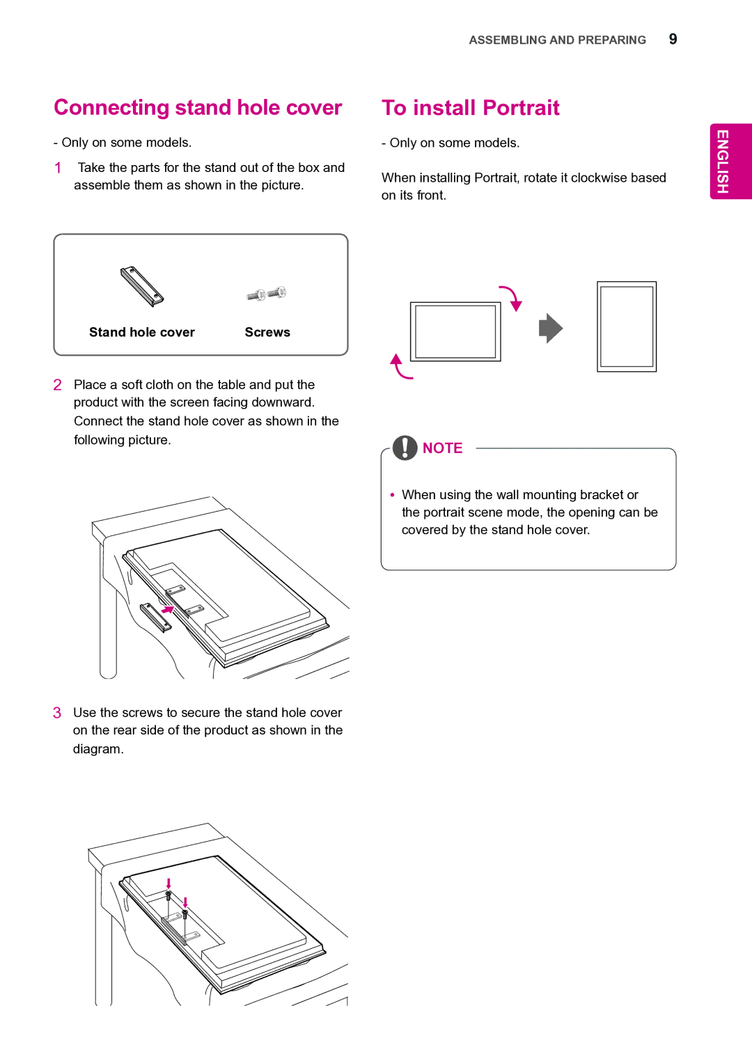 LG Electronics 47VL10 owner manual Connecting stand hole cover, To install Portrait 