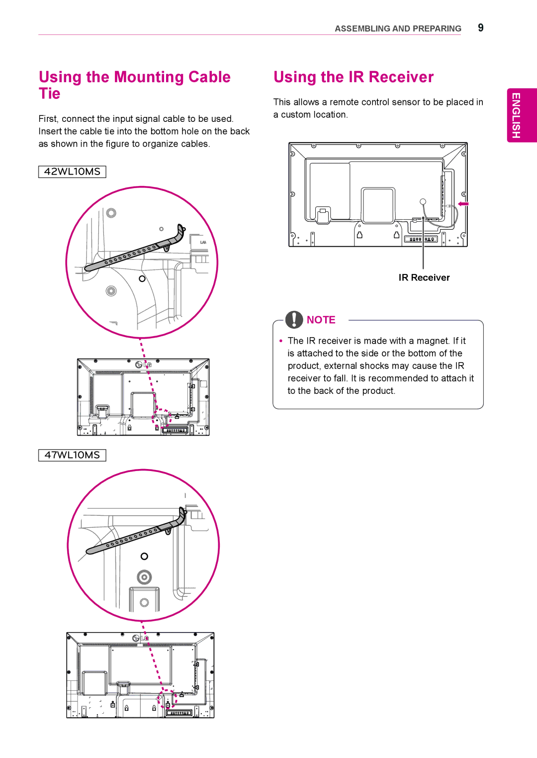 LG Electronics 47WL10MS, 42WL10MS owner manual Using the Mounting Cable Tie, Using the IR Receiver 