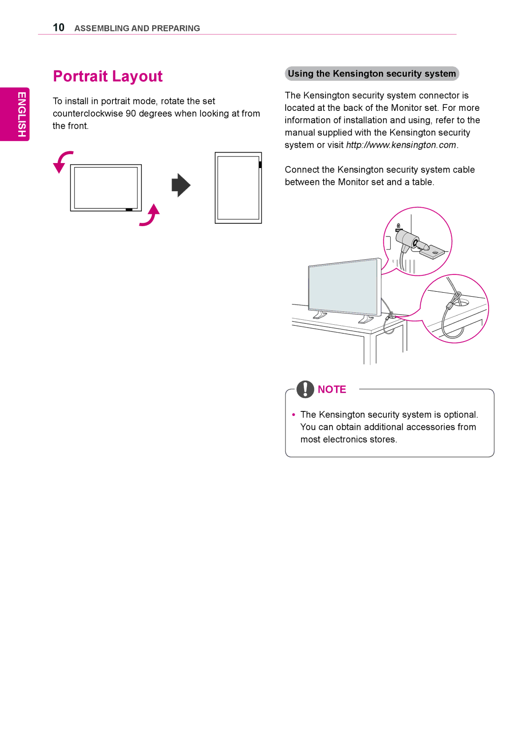 LG Electronics 42WL10MS, 47WL10MS owner manual Portrait Layout, Using the Kensington security system 