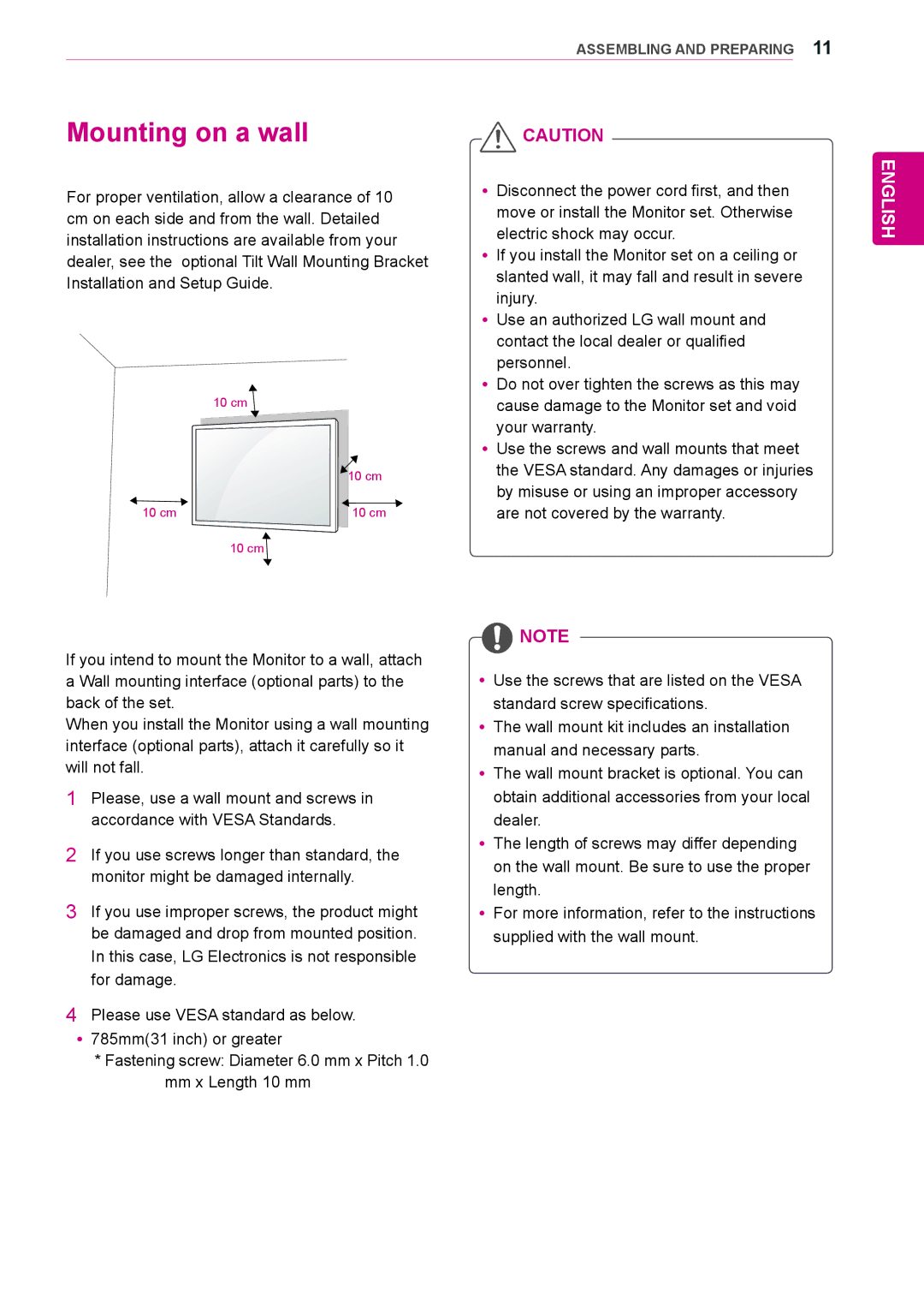 LG Electronics 47WL10MS, 42WL10MS owner manual Mounting on a wall 