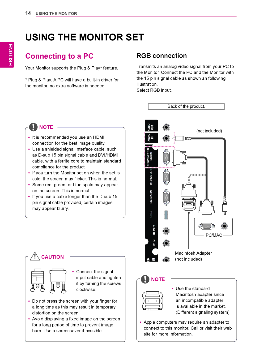 LG Electronics 42WL10MS, 47WL10MS owner manual Using the Monitor SET, Connecting to a PC, RGB connection 