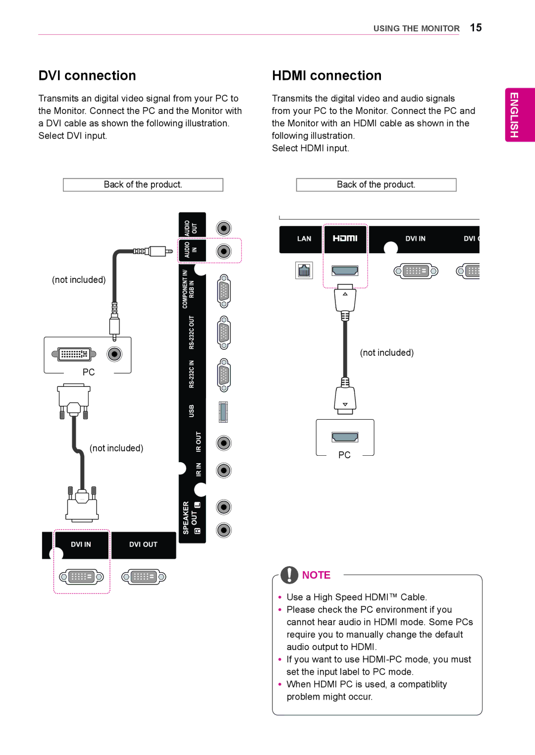 LG Electronics 47WL10MS, 42WL10MS owner manual DVI connection Hdmi connection 