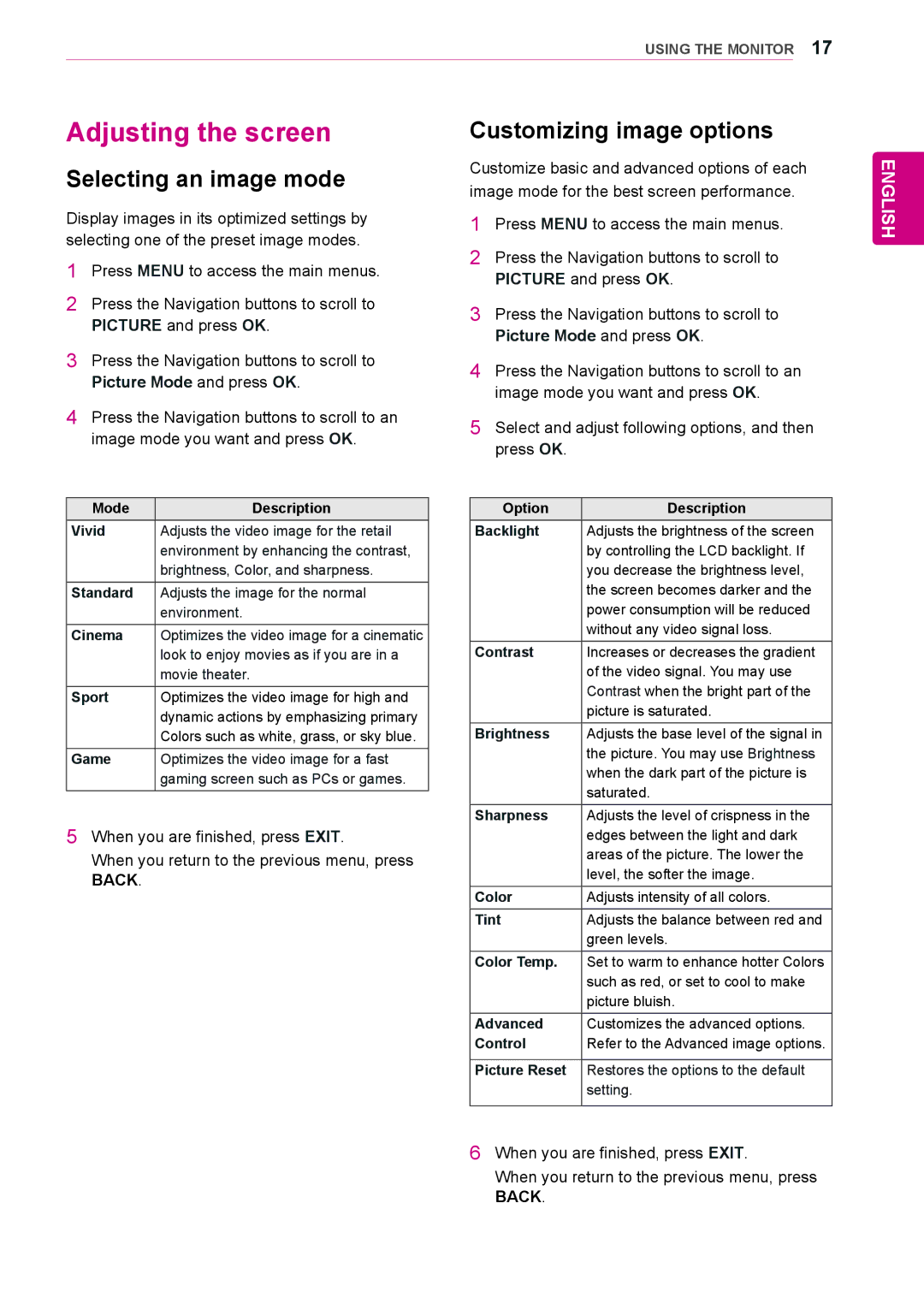 LG Electronics 47WL10MS, 42WL10MS owner manual Adjusting the screen, Selecting an image mode, Customizing image options 