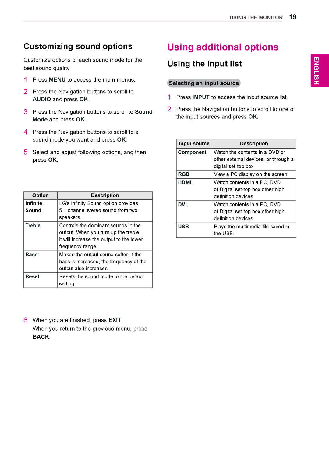 LG Electronics 47WL10MS, 42WL10MS owner manual Using additional options, Customizing sound options, Using the input list 