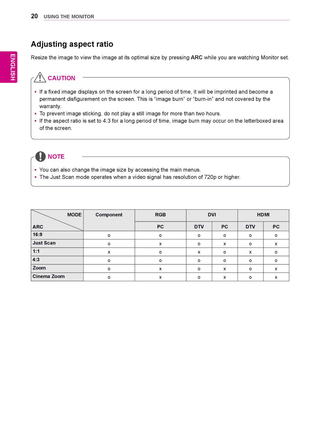 LG Electronics 42WL10MS, 47WL10MS Adjusting aspect ratio, Mode, RGB DVI Hdmi ARC DTV, Just Scan Zoom Cinema Zoom 