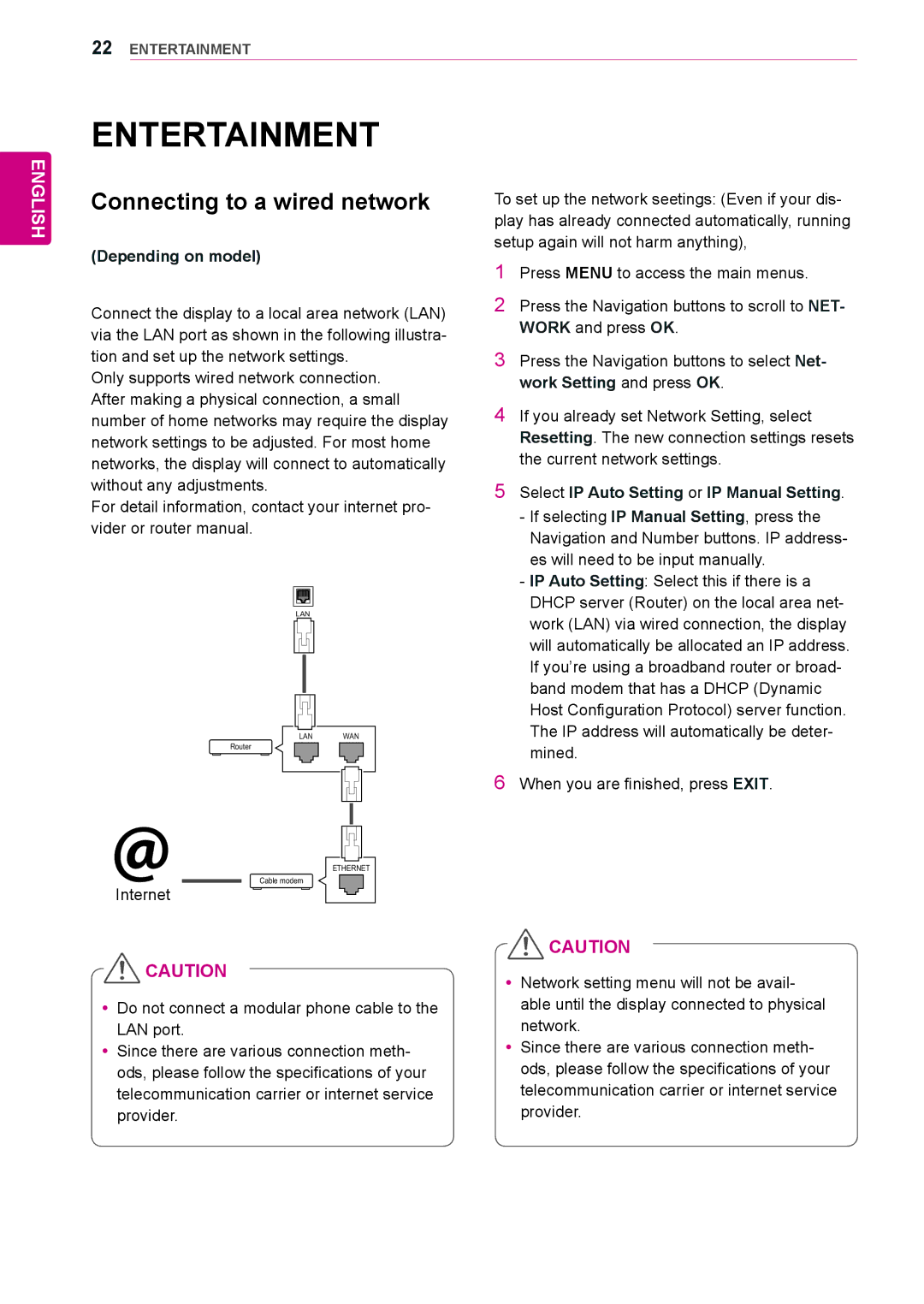 LG Electronics 42WL10MS, 47WL10MS owner manual Entertainment, Connecting to a wired network, Depending on model 