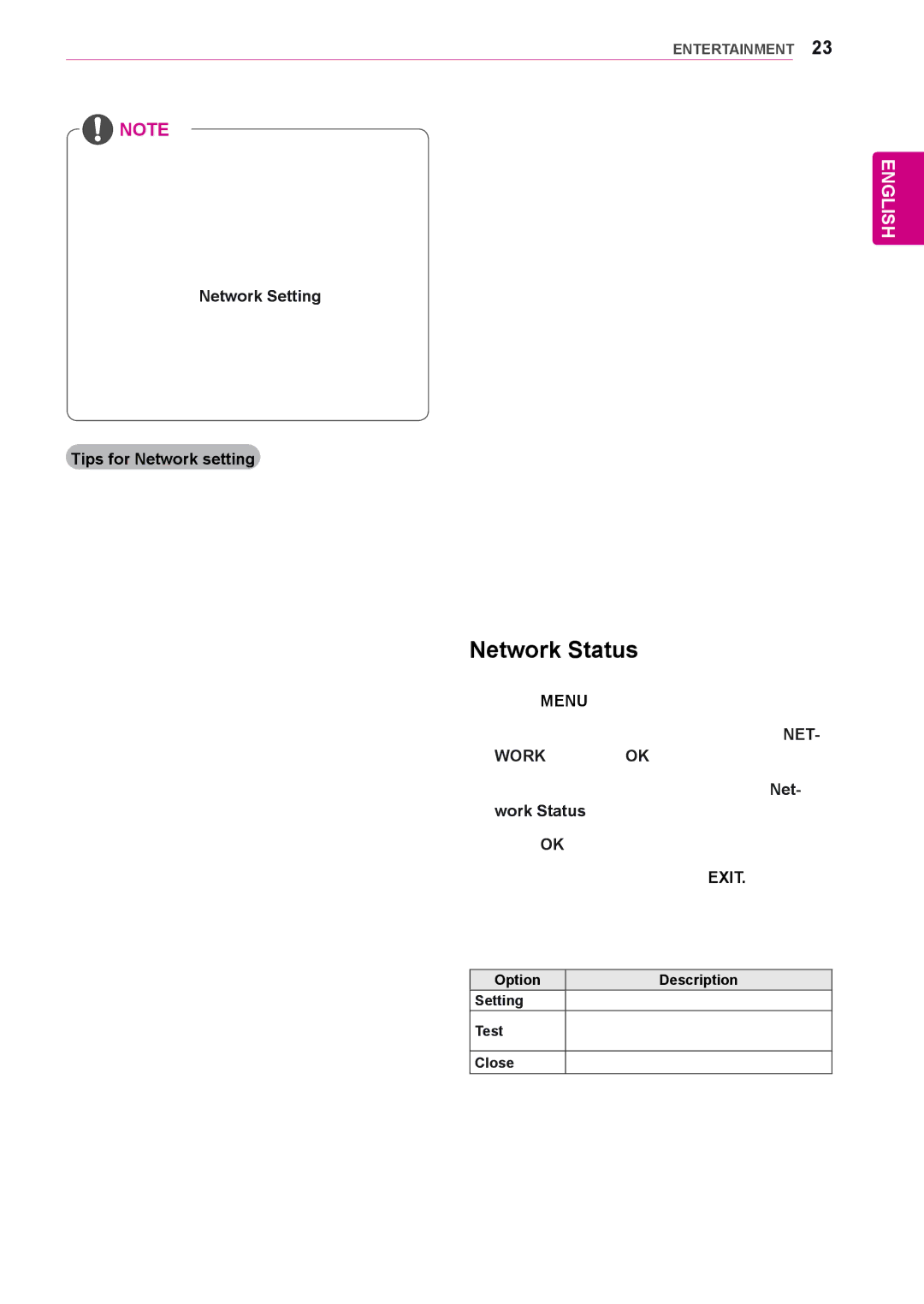 LG Electronics 47WL10MS Network Status, Tips for Network setting, Ting the network, Close Return to the previous menu 