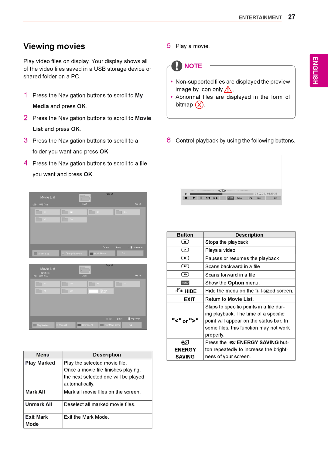 LG Electronics 47WL10MS, 42WL10MS Viewing movies, ButtonDescription, Exit Return to Movie List, Energy Saving but 