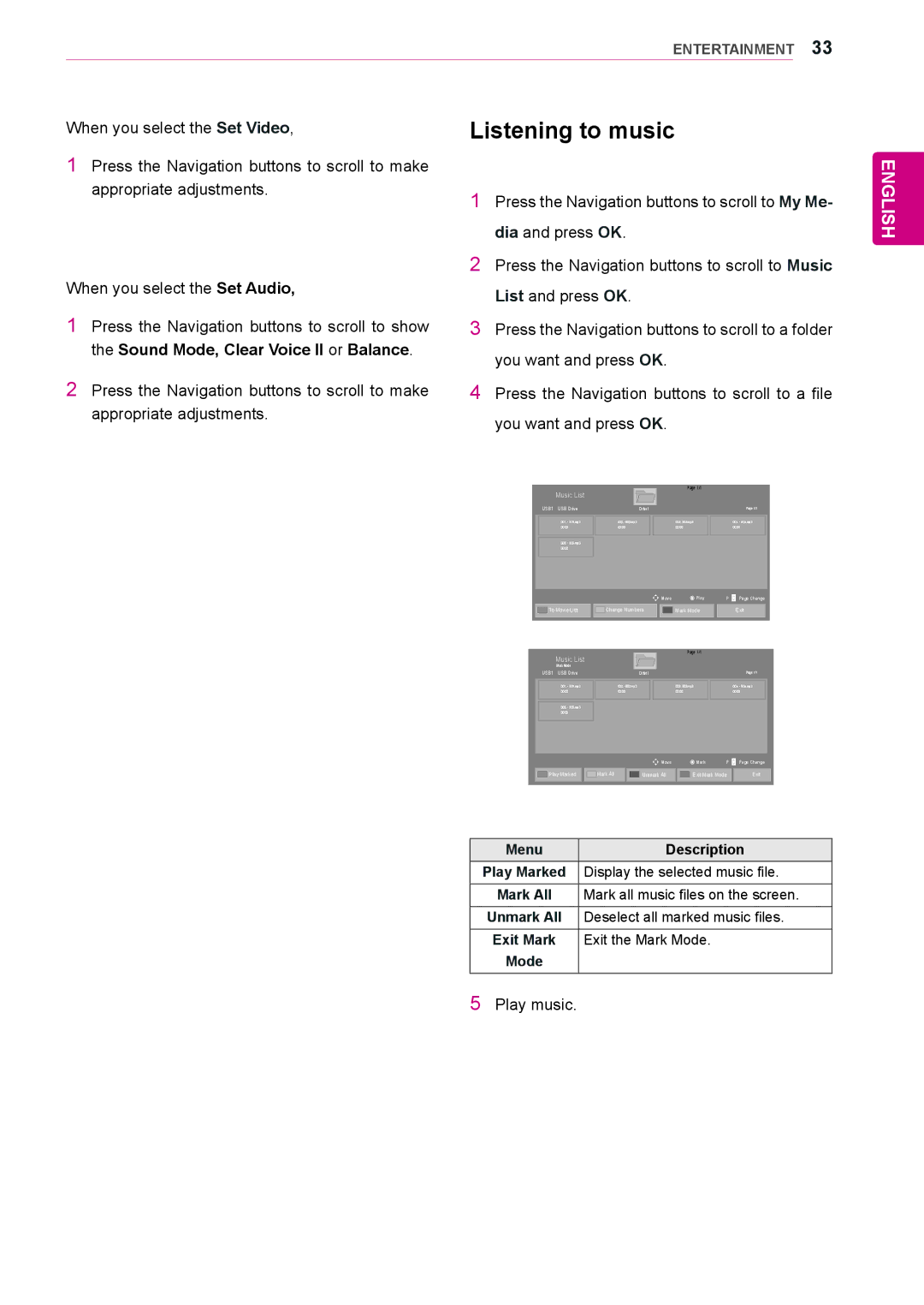 LG Electronics 47WL10MS, 42WL10MS owner manual Listening to music, Sound Mode, Clear Voice II or Balance 