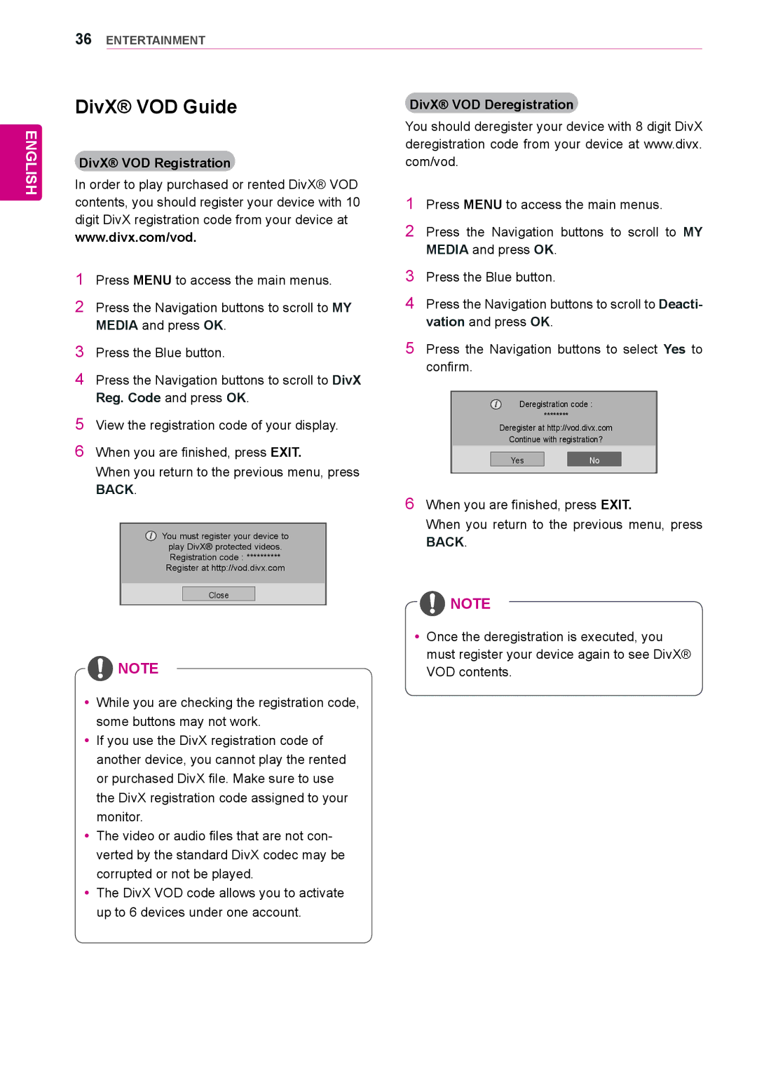 LG Electronics 42WL10MS, 47WL10MS owner manual DivX VOD Guide, DivX VOD Registration, DivX VOD Deregistration 