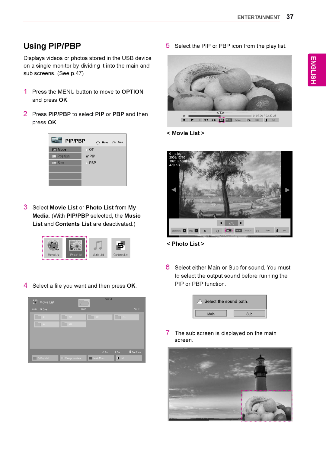 LG Electronics 47WL10MS, 42WL10MS owner manual Using PIP/PBP, Movie List, Photo List, Pip/Pbp 