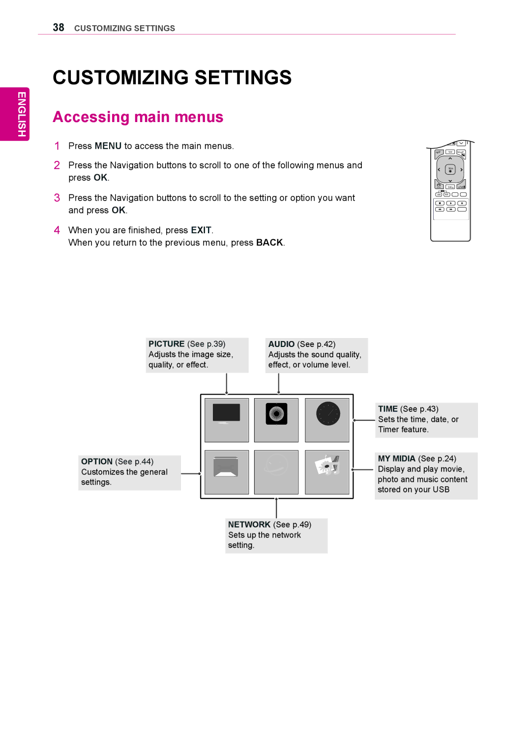 LG Electronics 42WL10MS, 47WL10MS owner manual Customizing Settings, Accessing main menus 