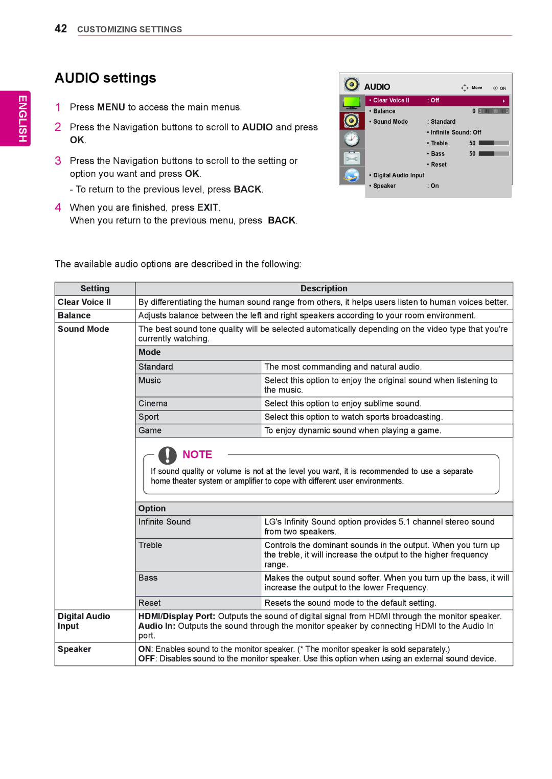 LG Electronics 42WL10MS, 47WL10MS owner manual Audio settings 