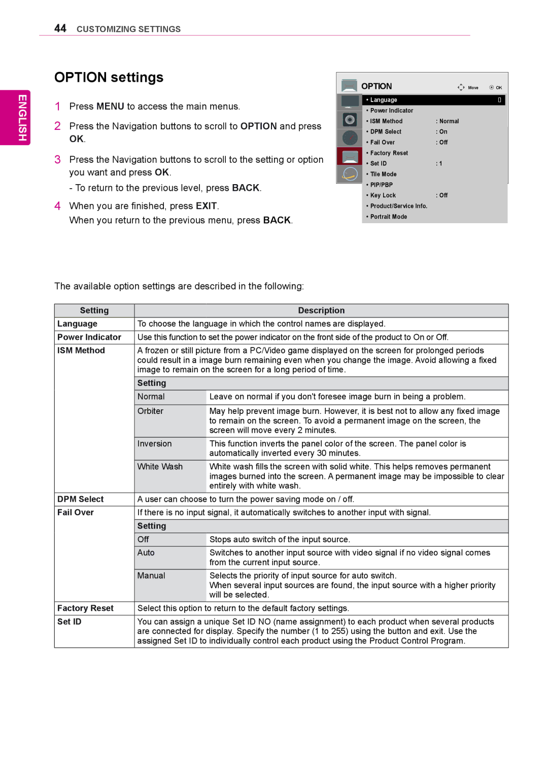 LG Electronics 42WL10MS, 47WL10MS owner manual Option settings 