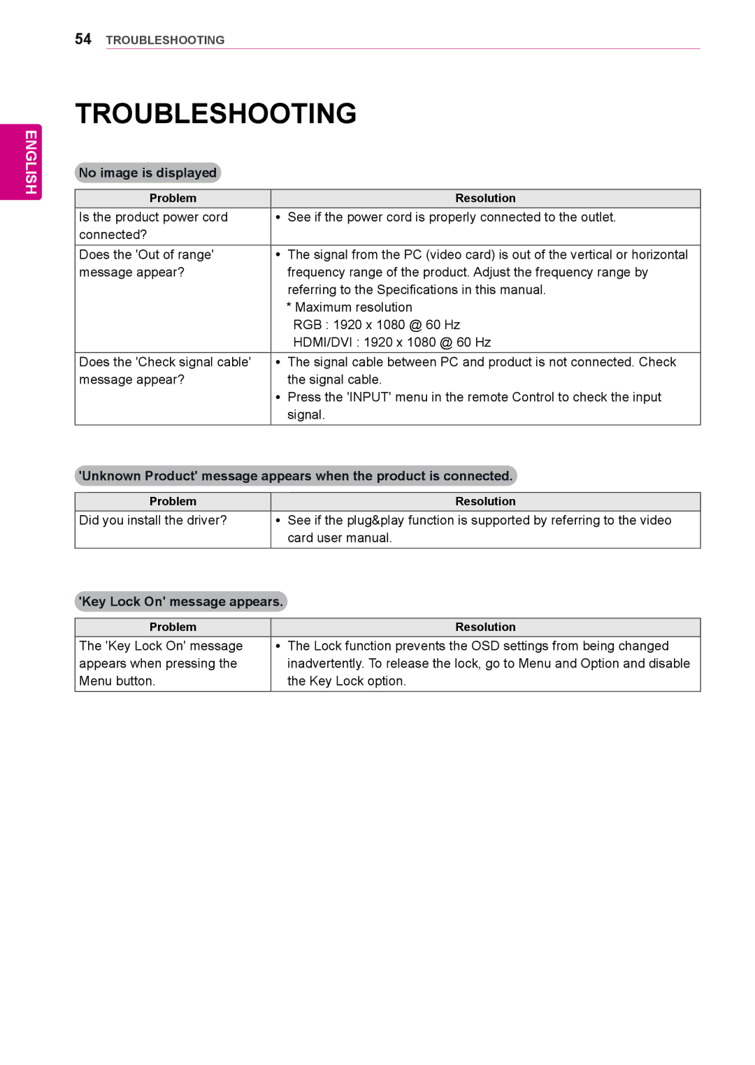 LG Electronics 42WL10MS, 47WL10MS owner manual Troubleshooting, No image is displayed, Problem Resolution 