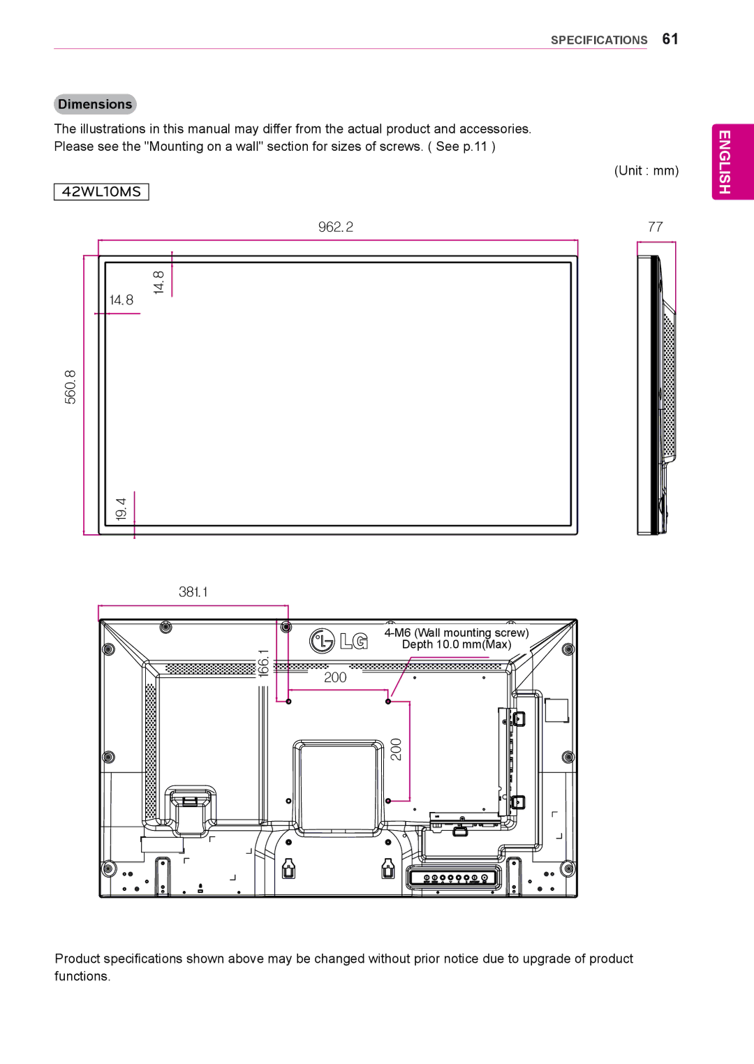 LG Electronics 47WL10MS, 42WL10MS owner manual Dimensions 