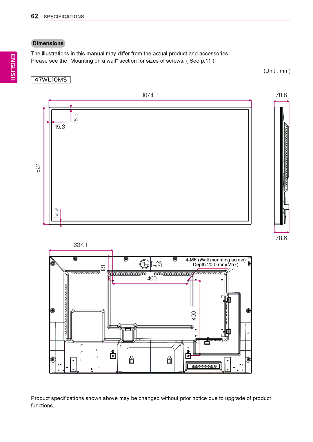 LG Electronics 42WL10MS, 47WL10MS owner manual 1074.3 78.6 15.3 