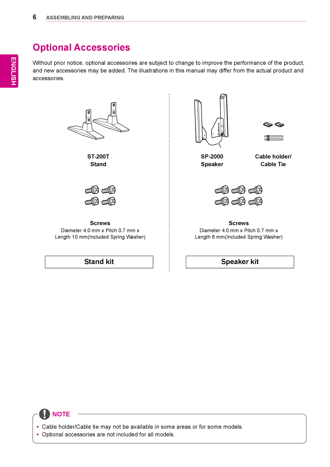 LG Electronics 42WL10MS Optional Accessories, ST-200T Stand Screws, SP-2000 Cable holder Speaker Cable Tie Screws 