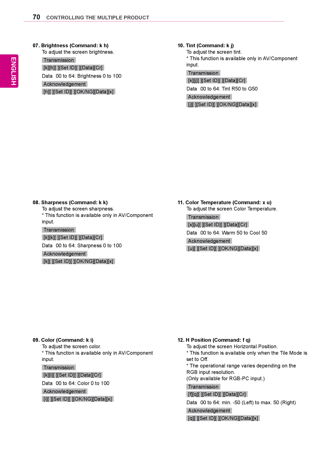 LG Electronics 42WL10MS Brightness Command k h To adjust the screen brightness, Tint Command k j To adjust the screen tint 