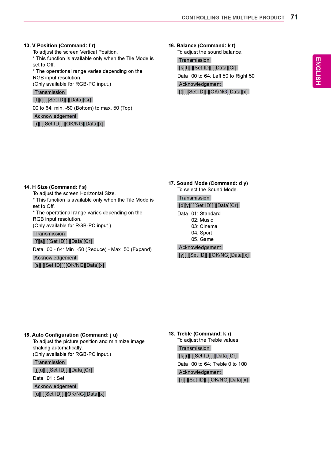 LG Electronics 47WL10MS, 42WL10MS owner manual Position Command f r Balance Command k t, Size Command f s 