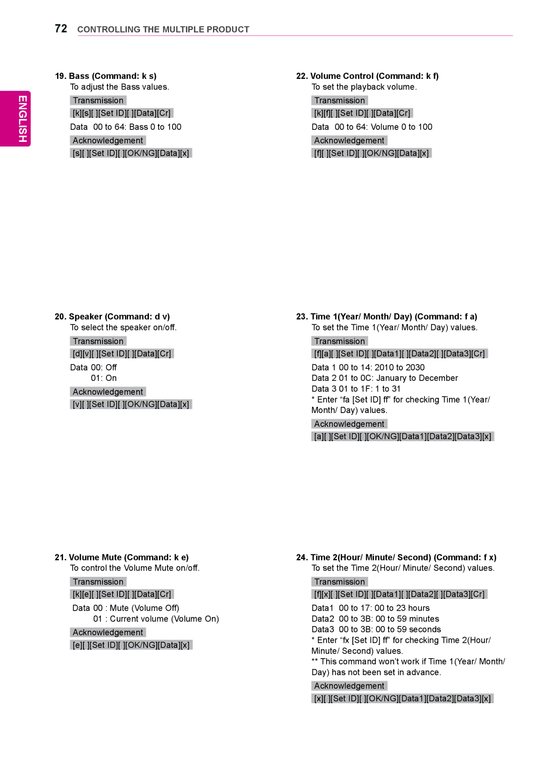 LG Electronics 42WL10MS Bass Command k s To adjust the Bass values, Volume Control Command k f To set the playback volume 