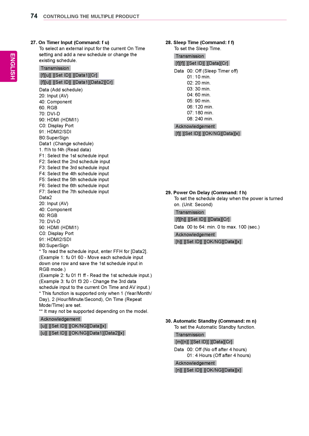 LG Electronics 42WL10MS, 47WL10MS owner manual On Timer Input Command f u, Sleep Time Command f f To set the Sleep Time 