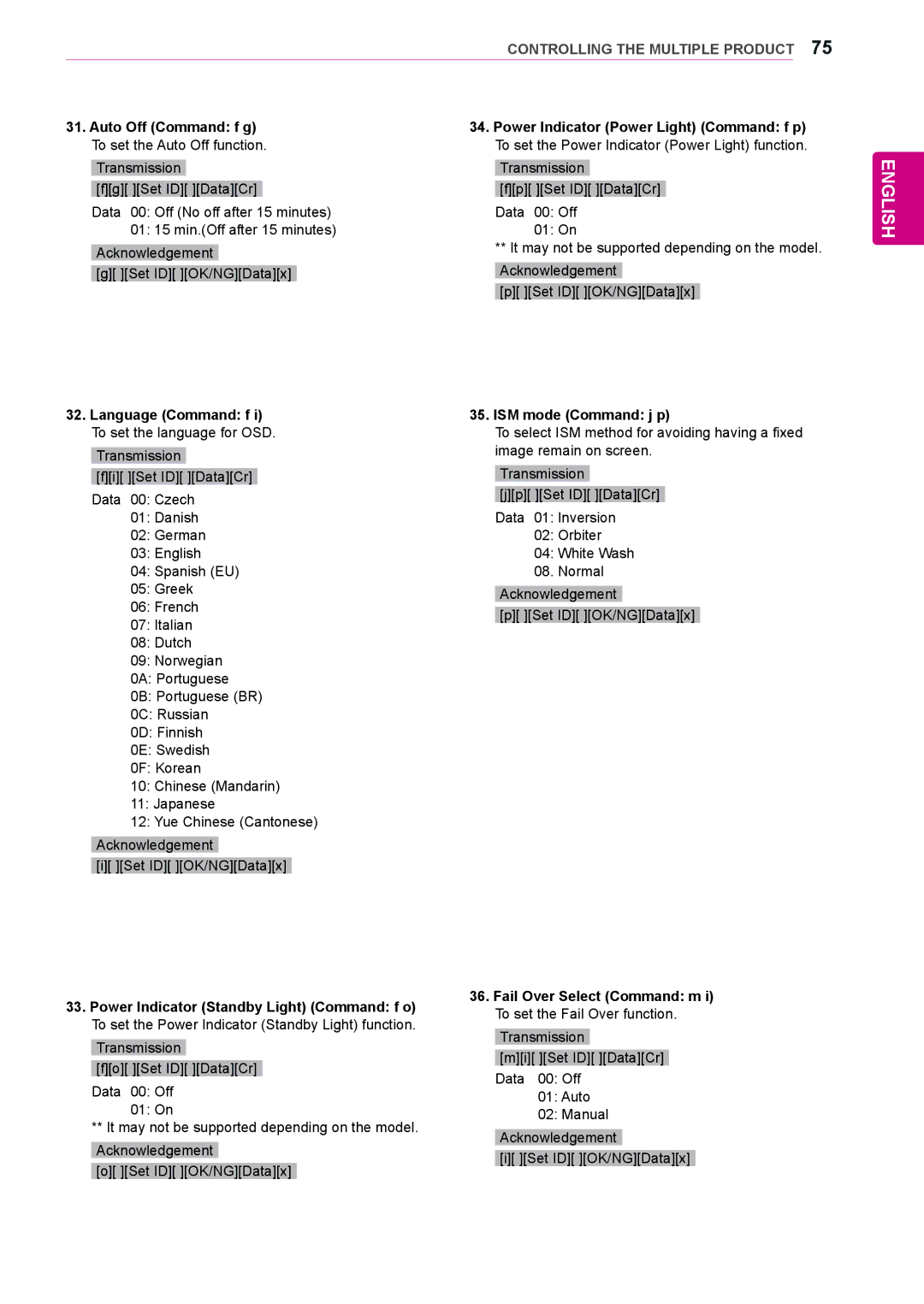 LG Electronics 47WL10MS, 42WL10MS owner manual Auto Off Command f g, Language Command f ISM mode Command j p 