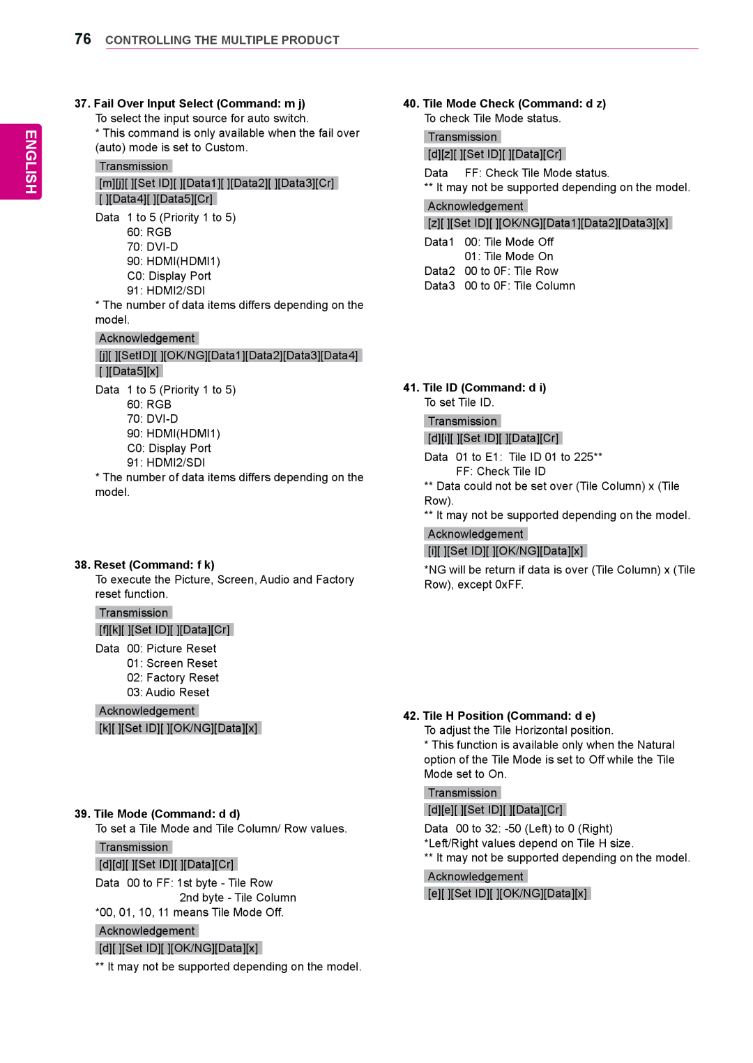 LG Electronics 42WL10MS Reset Command f k, Tile Mode Command d d, Tile Mode Check Command d z To check Tile Mode status 