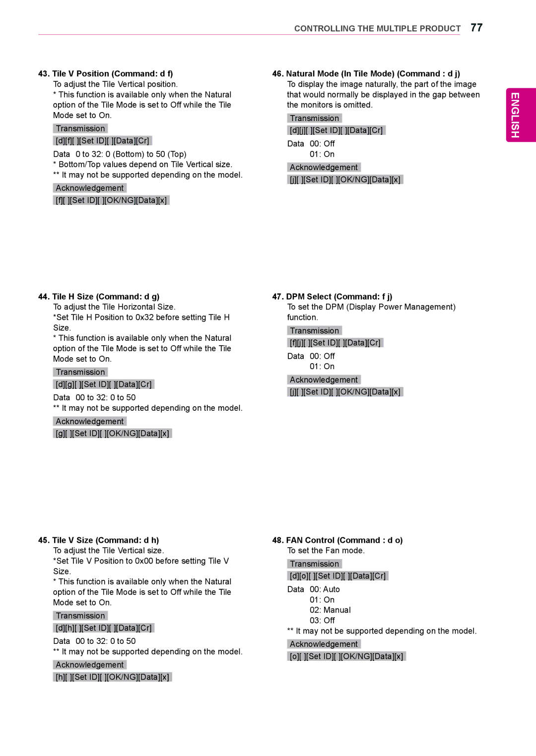 LG Electronics 47WL10MS, 42WL10MS Tile H Size Command d g, Tile V Size Command d h To adjust the Tile Vertical size 