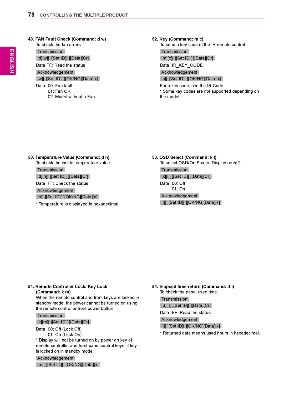 LG Electronics 42WL10MS FAN Fault Check Command d w To check the fan errors, Remote Controller Lock/ Key Lock Command k m 