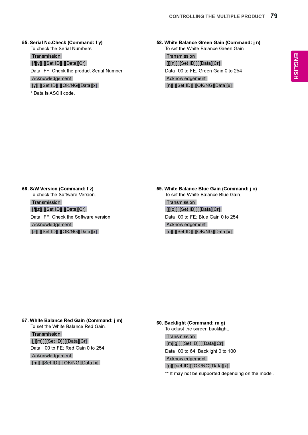 LG Electronics 47WL10MS, 42WL10MS owner manual Serial No.Check Command f y, 56. S/W Version Command f z 