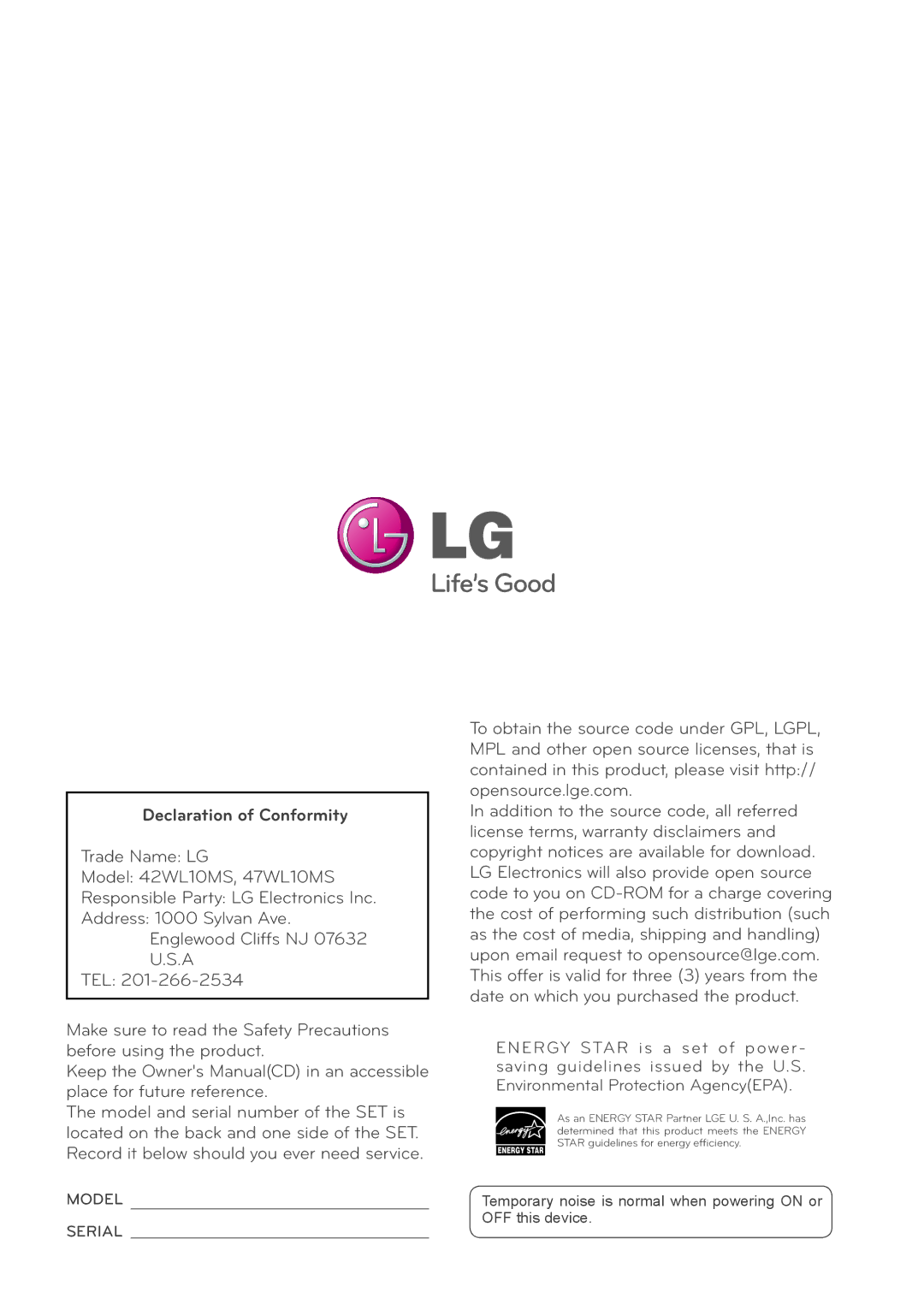 LG Electronics 47WL10MS, 42WL10MS owner manual Declaration of Conformity 