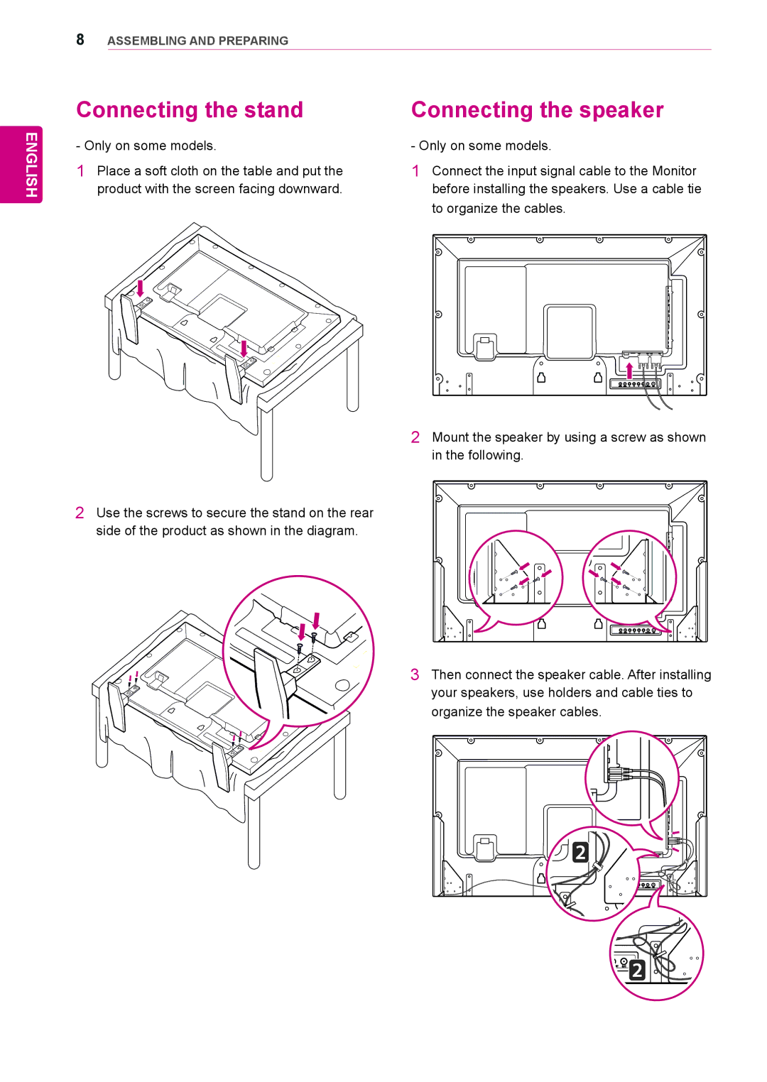 LG Electronics 42WL10MS, 47WL10MS owner manual Connecting the stand Connecting the speaker, To organize the cables 