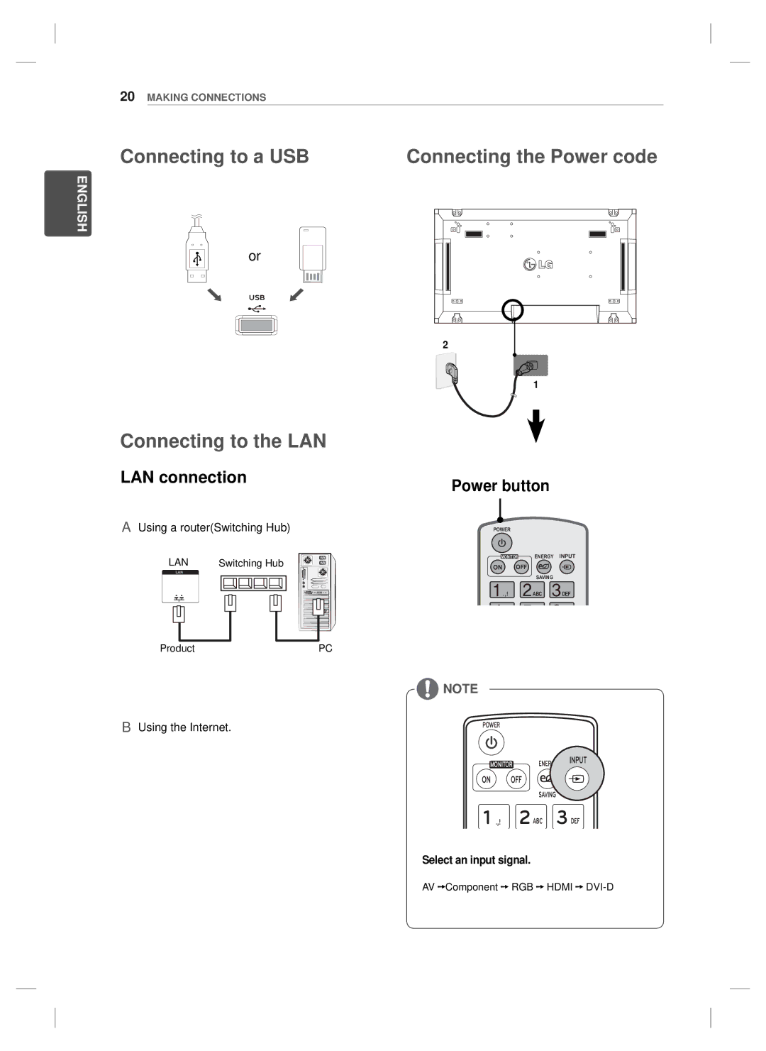 LG Electronics 47WV30BS, 47WV30MS, 47WV30-BAAL Connecting to a USB, Connecting to the LAN, Connecting the Power code 