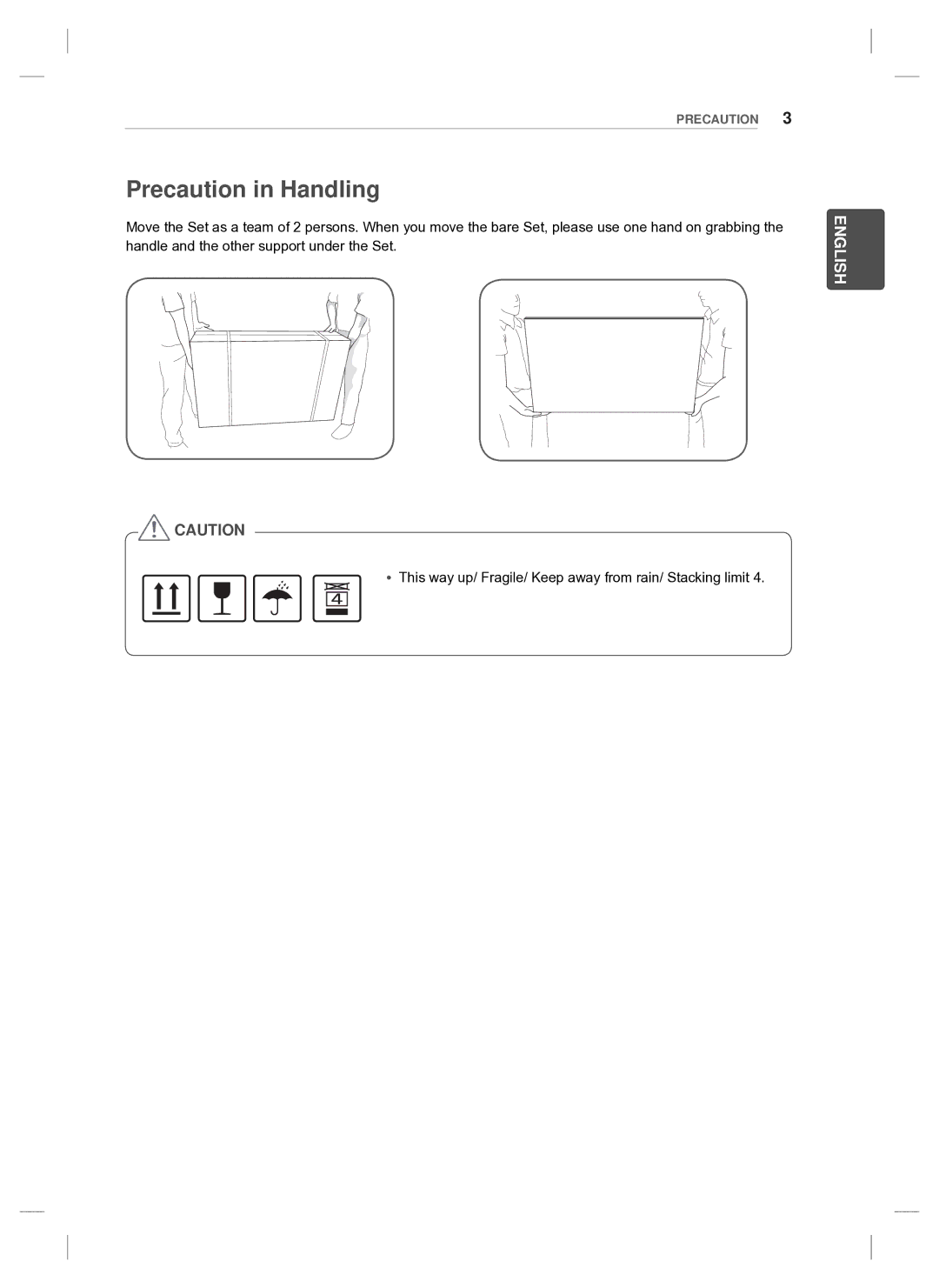 LG Electronics 47WV30BS, 47WV30MS, 47WV30-BAAL, 47WV30BR setup guide Precaution in Handling 