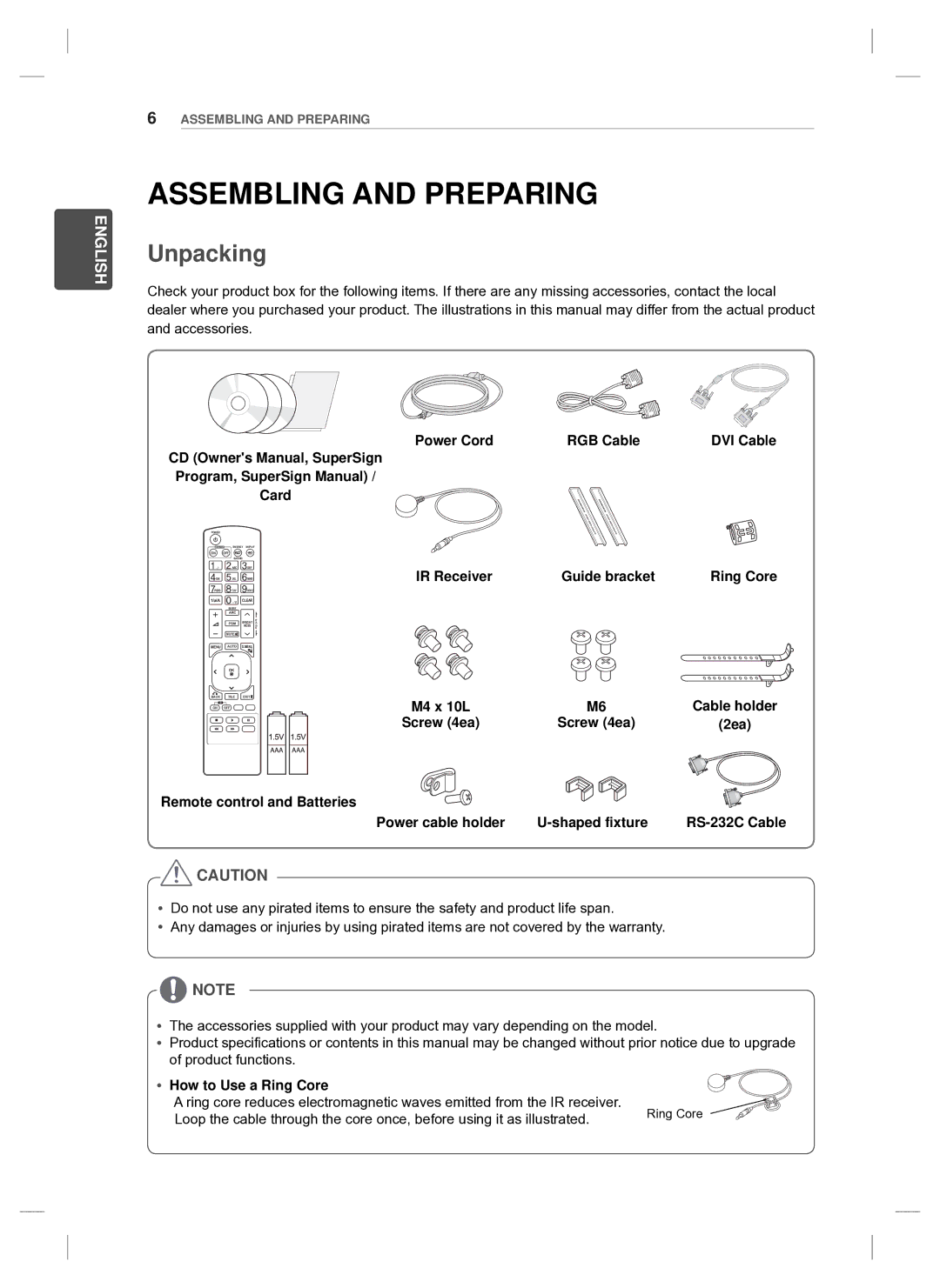 LG Electronics 47WV30-BAAL, 47WV30BS, 47WV30MS, 47WV30BR setup guide Assembling and Preparing, Unpacking 