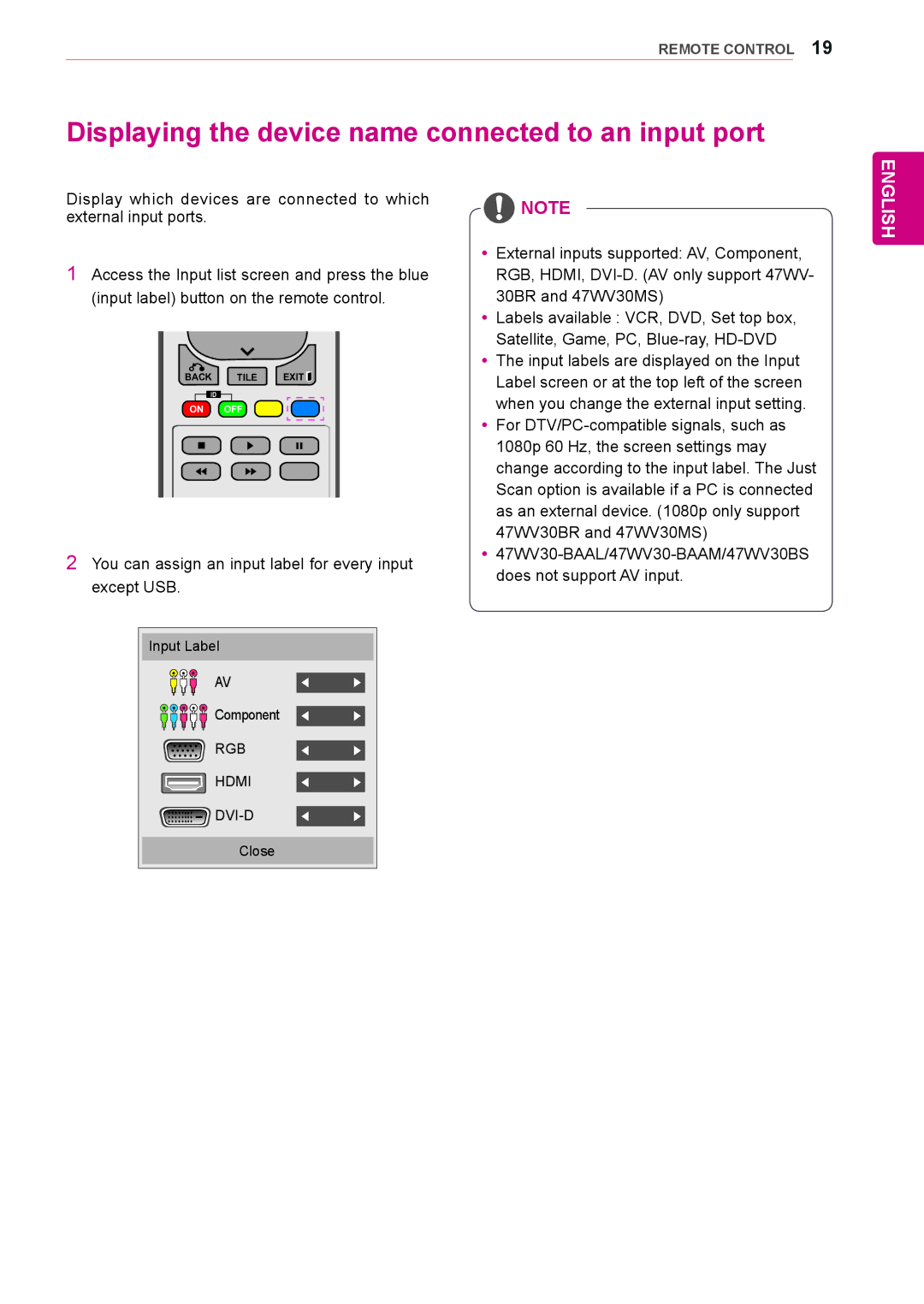 LG Electronics 47WV30-BAAM, 47WV30BS, 47WV30MS, 47WV30-BAAL, 47WV30BR Displaying the device name connected to an input port 